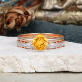 4 Prong Round Cut Citrine Solitaire Ring with Wedding Band Bridal Set